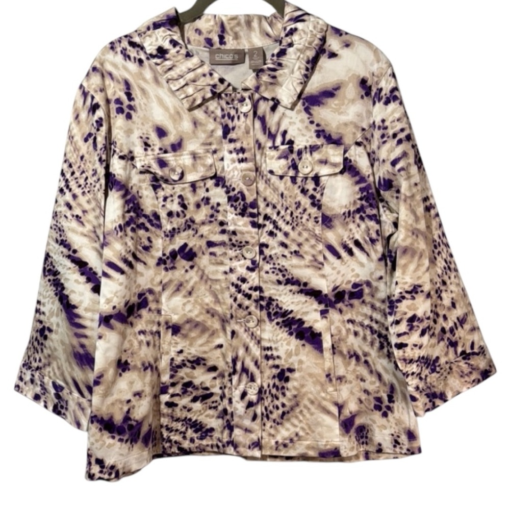 Chico's Jacket Purple/Tan Patterned Lightweight Ruffle Collar in Sz 2/L‎  NWT